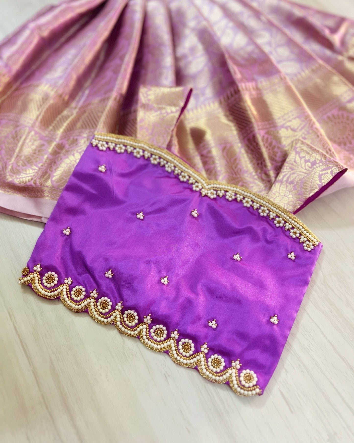 Fabulous Fuschia With Lavender Floral Aari Work Lehenga Set