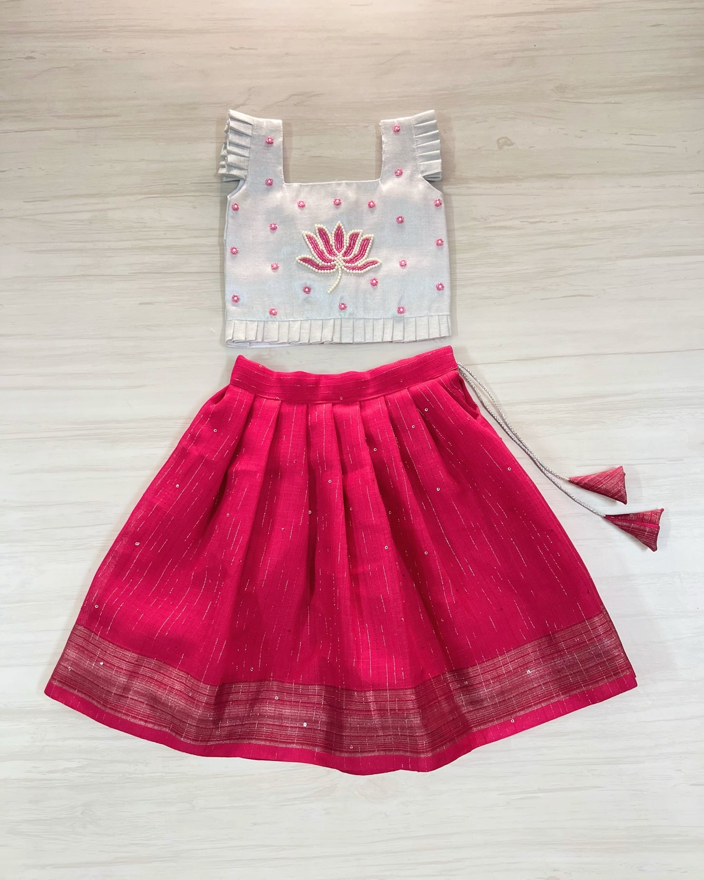 Silvery Lotus With Persian Pink Aari Work Lehenga Set