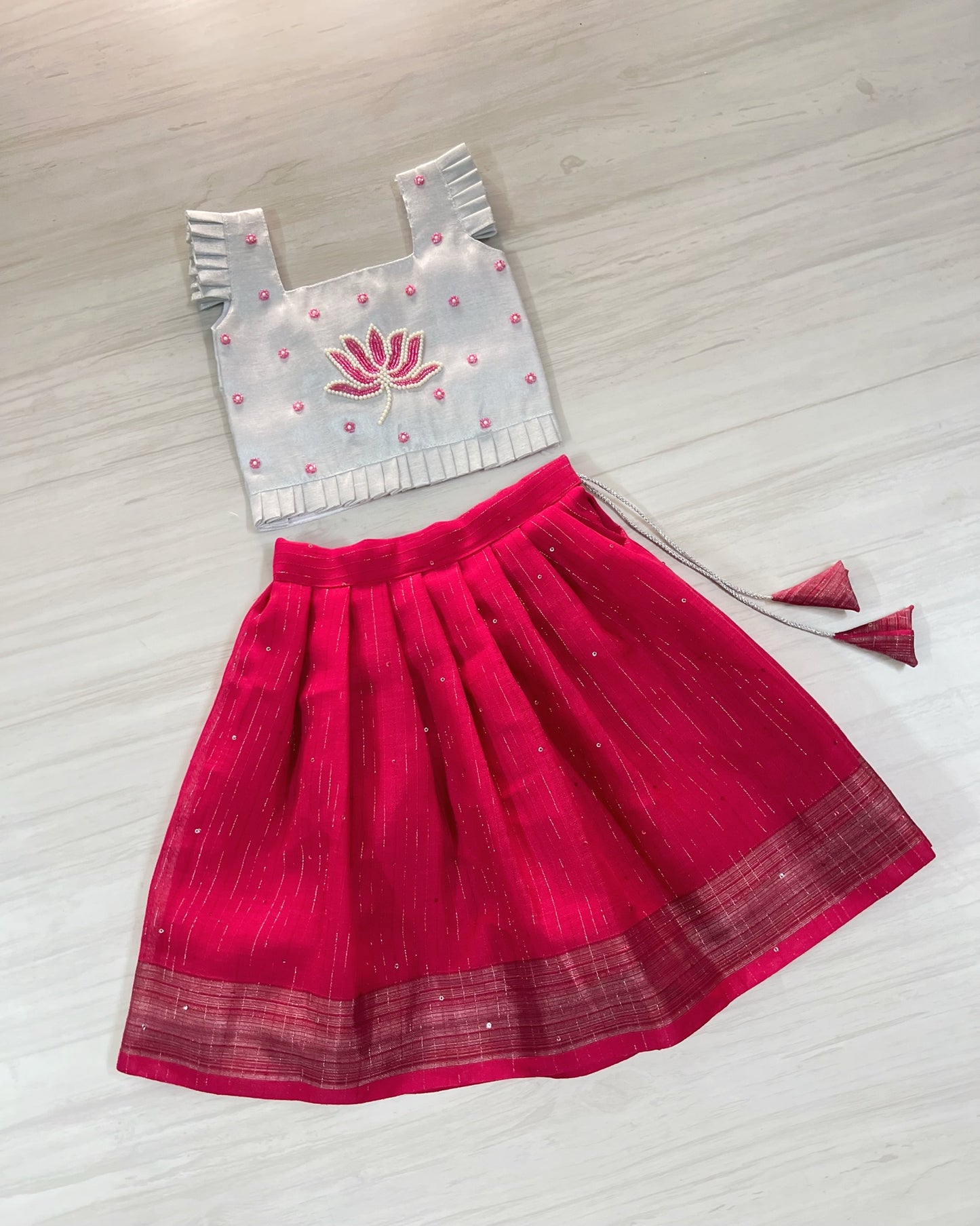 Silvery Lotus With Persian Pink Aari Work Lehenga Set