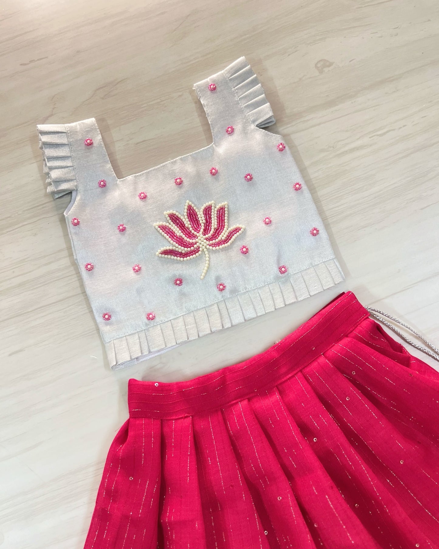 Silvery Lotus With Persian Pink Aari Work Lehenga Set