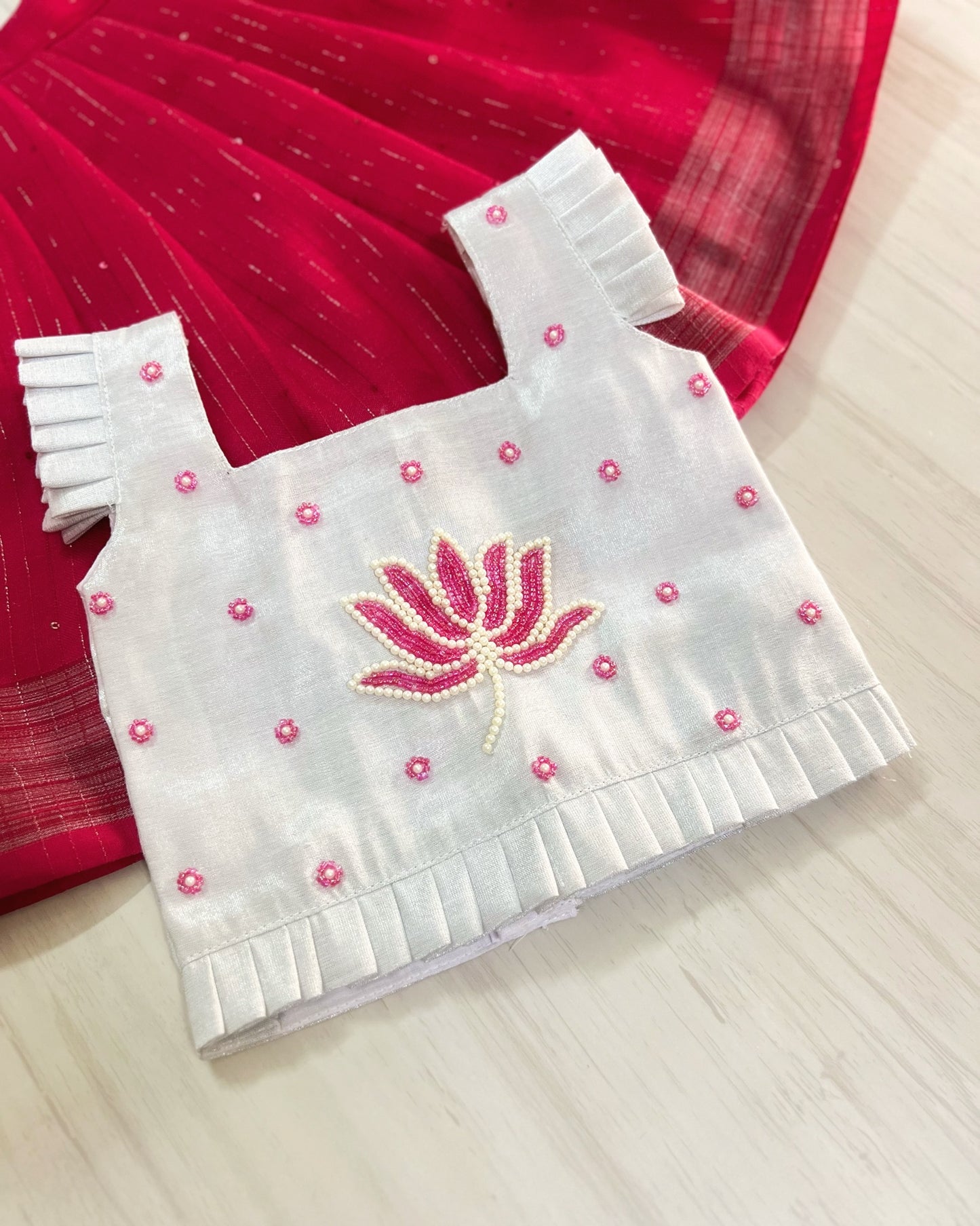 Silvery Lotus With Persian Pink Aari Work Lehenga Set