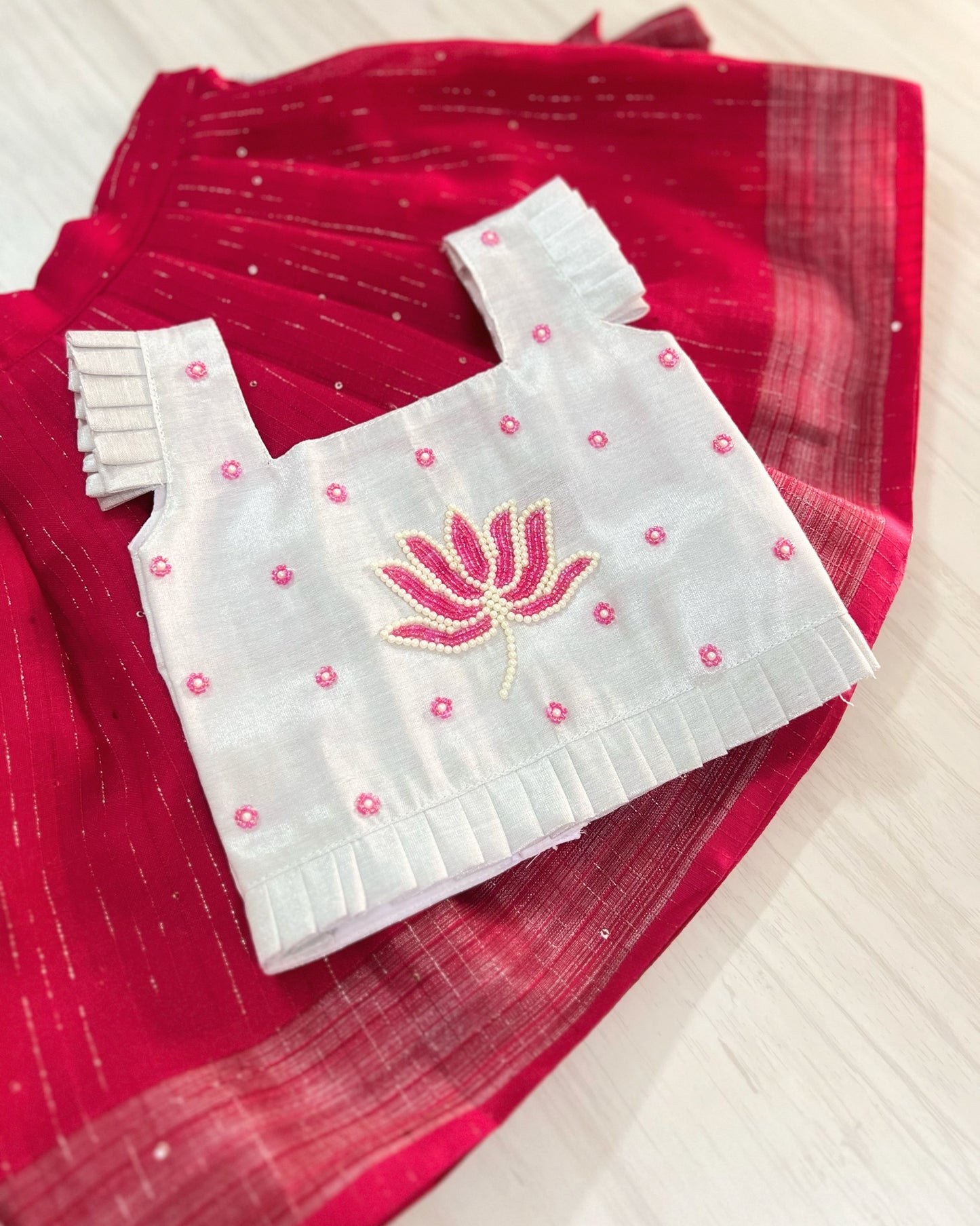 Silvery Lotus With Persian Pink Aari Work Lehenga Set