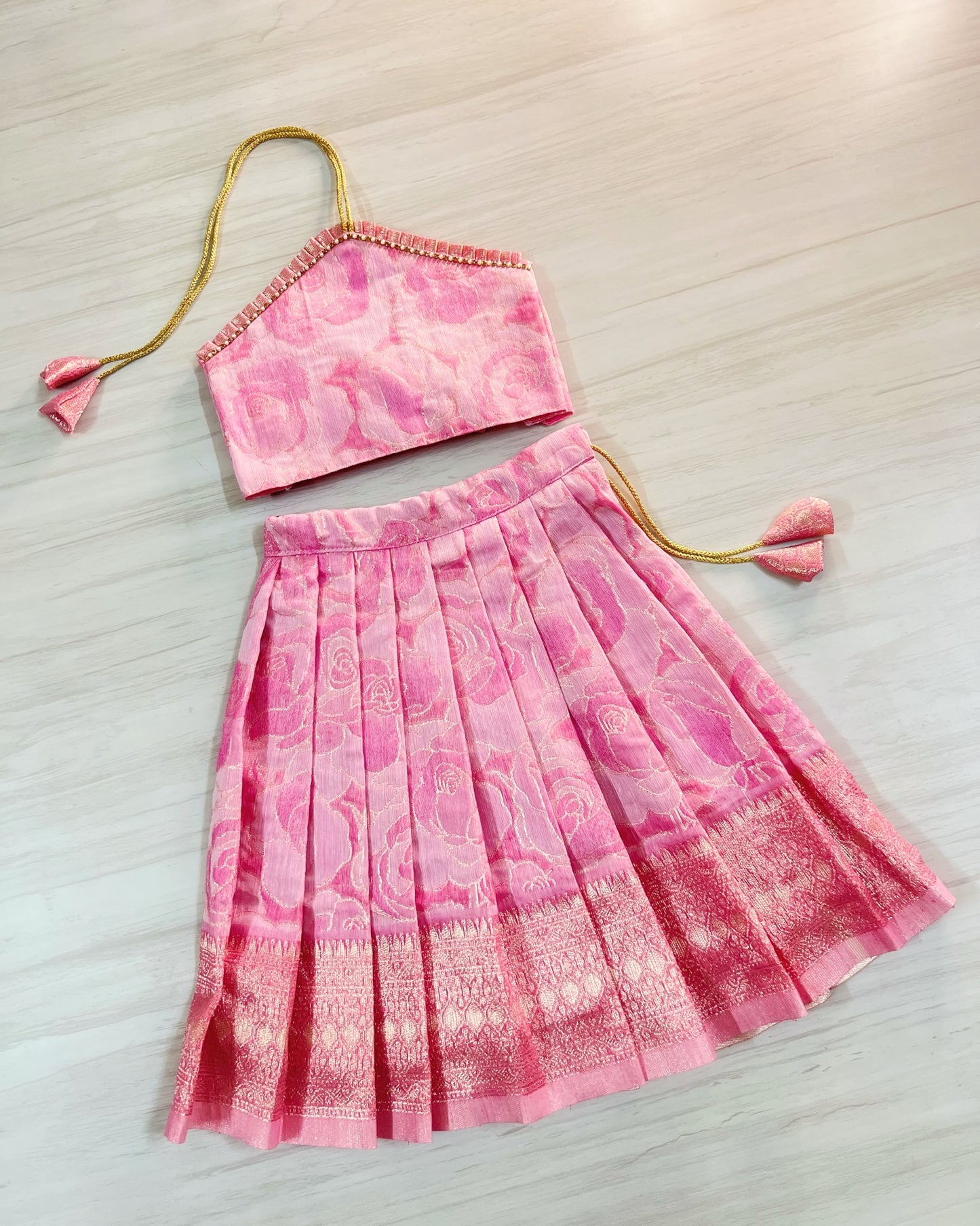 Summery Rose Bud Halter Neck Silk Lehenga Set