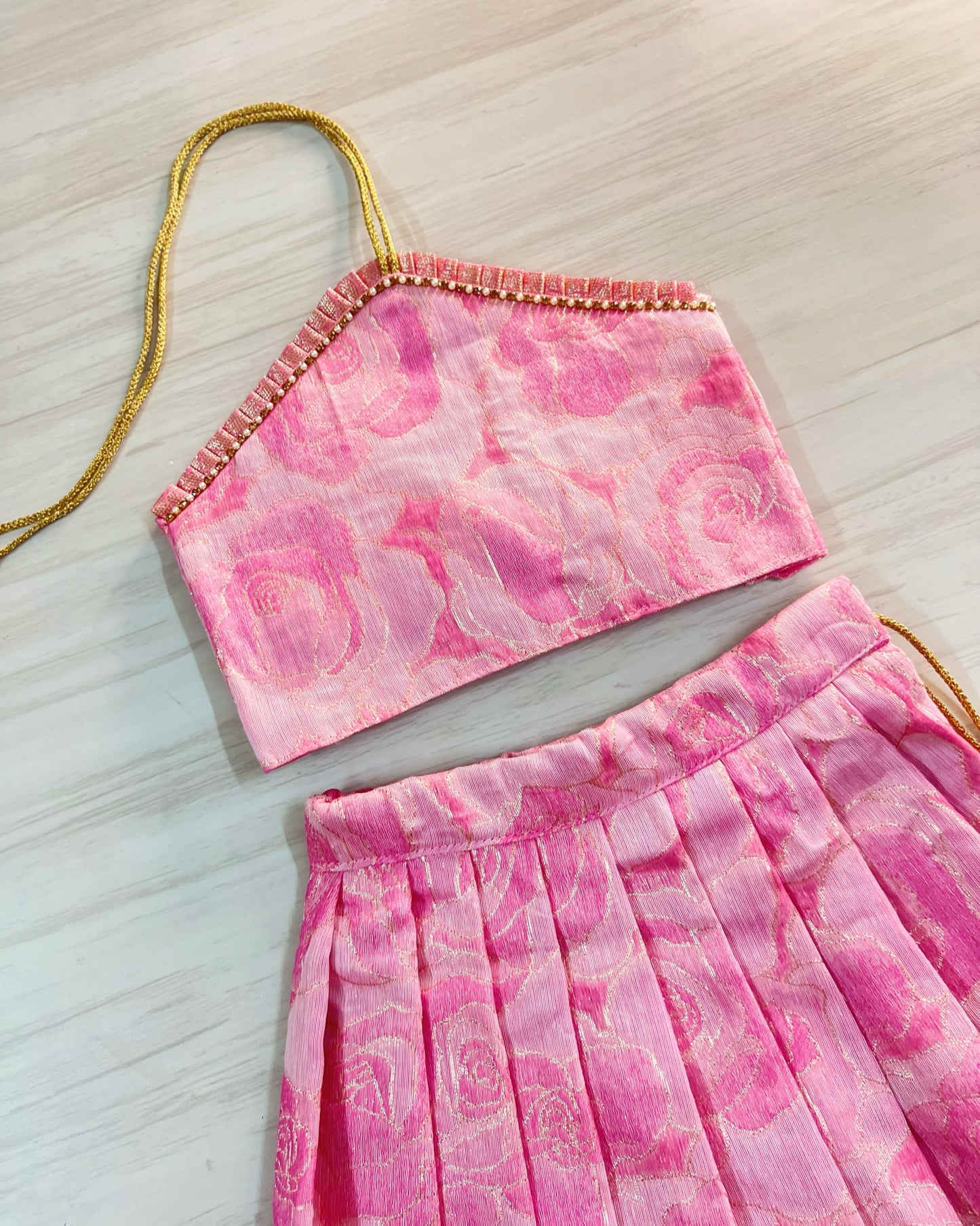 Summery Rose Bud Halter Neck Silk Lehenga Set