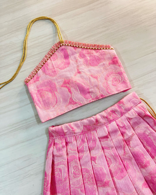 Summery Rose Bud Halter Neck Silk Lehenga Set