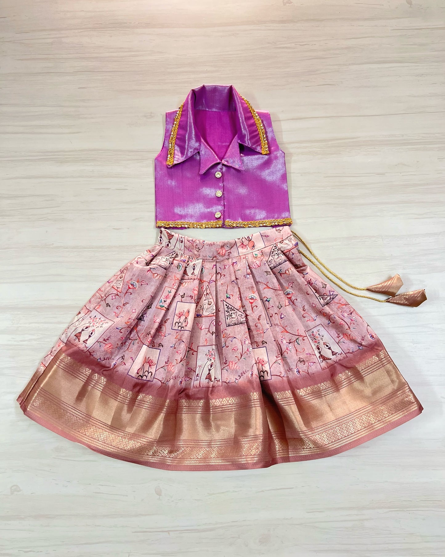 French Violet Pichwai Print Skirt Lehenga Choli Kids Festive Wear - The Silkberry