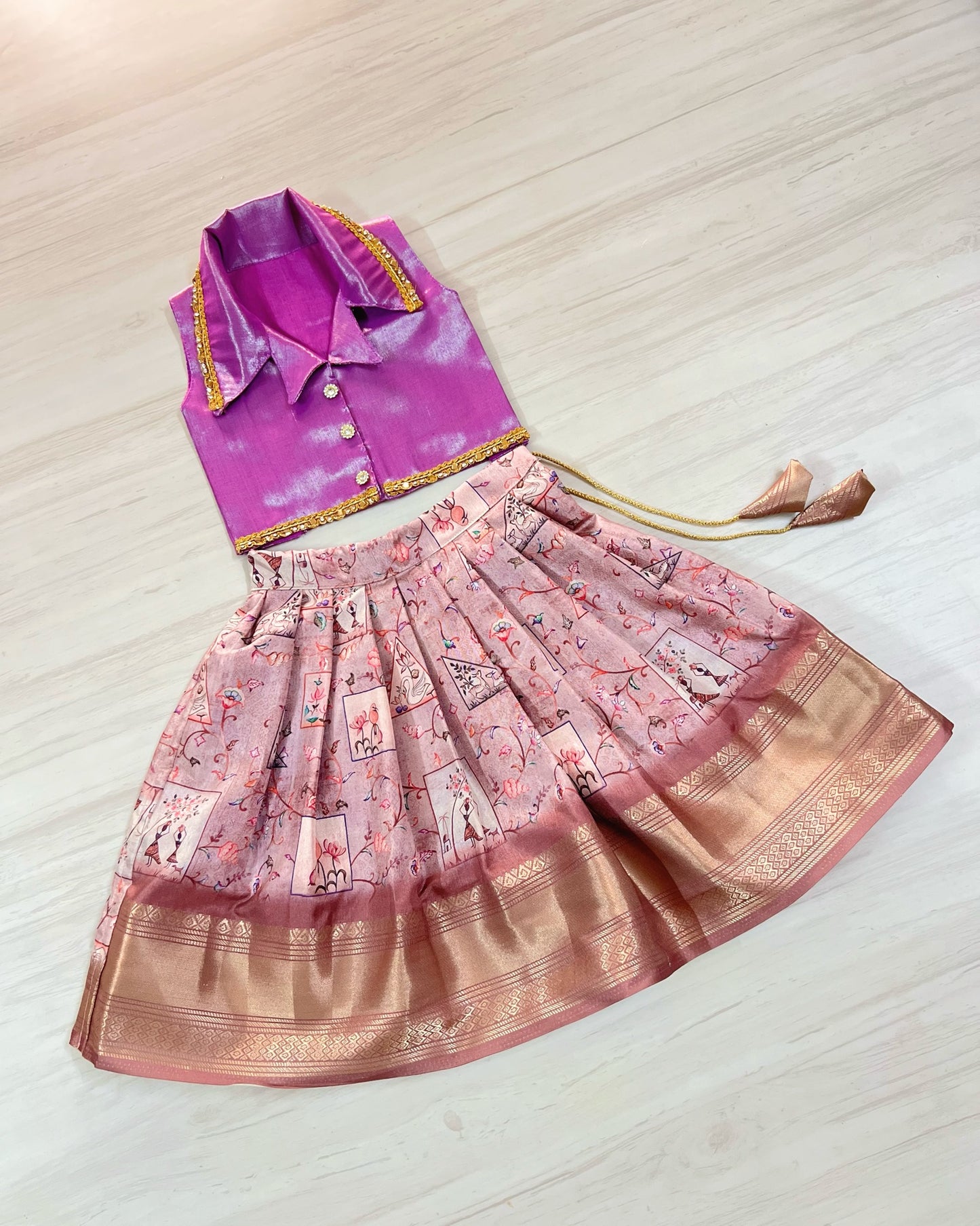 French Violet Pichwai Print Skirt Lehenga Choli Kids Festive Wear - The Silkberry