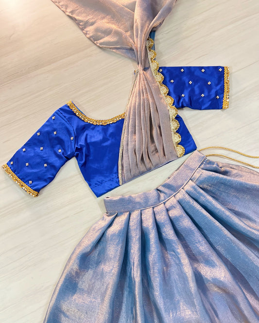 Little Dancing Peacock Blue Half Saree Style Silk Lehenga Set | The Silkberry