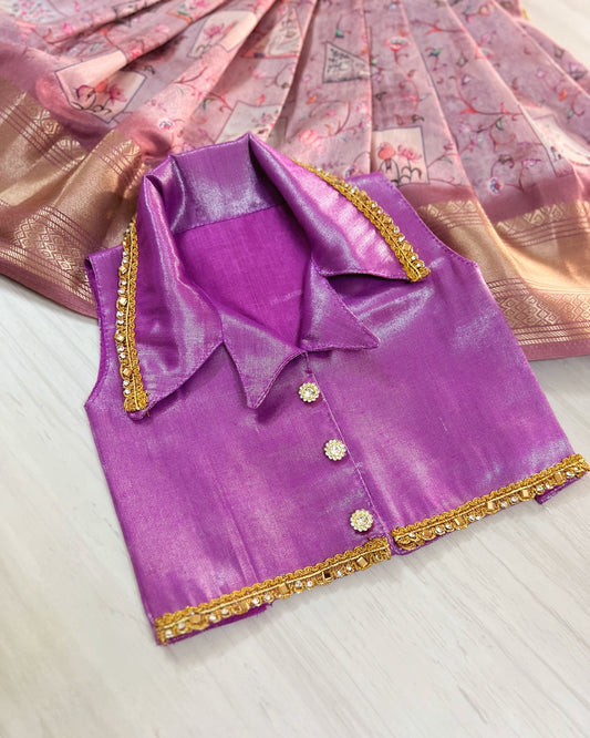 French Violet Collared Top With Pichwai Print Skirt Lehenga Set