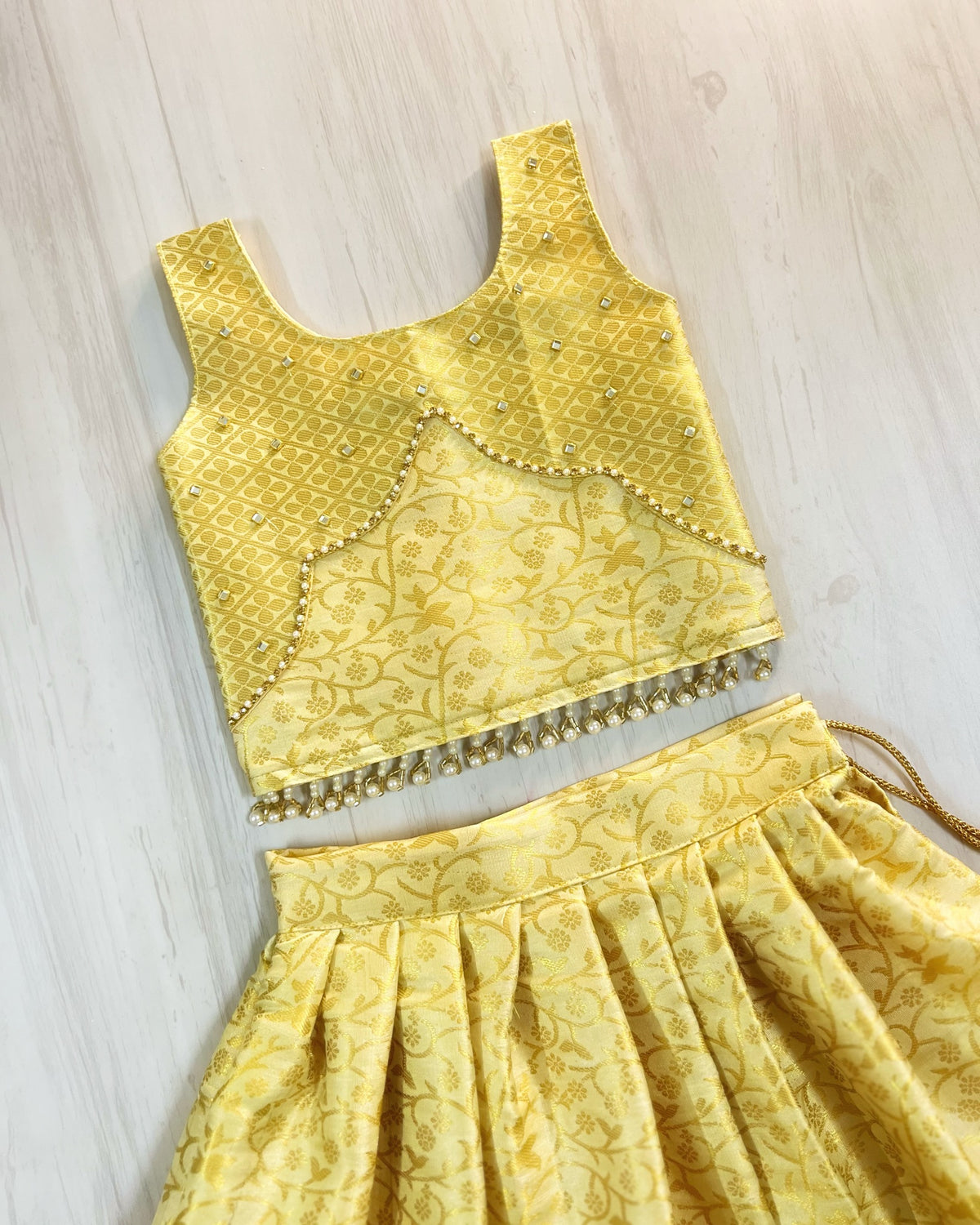 Arabian Royalty Golden Scalloped Hanging Pearls Lehenga Set