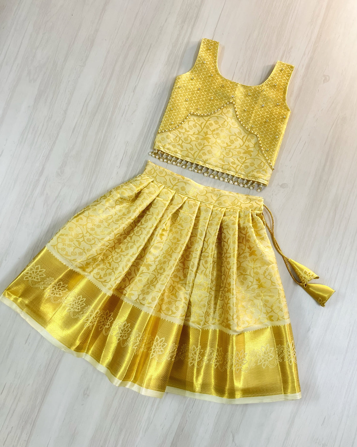 Arabian Royalty Golden Scalloped Hanging Pearls Lehenga Set