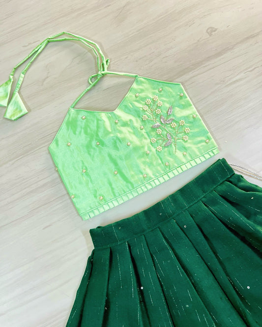 Mint Green With Dark Green Floral Twig Aari Work Lehenga Set