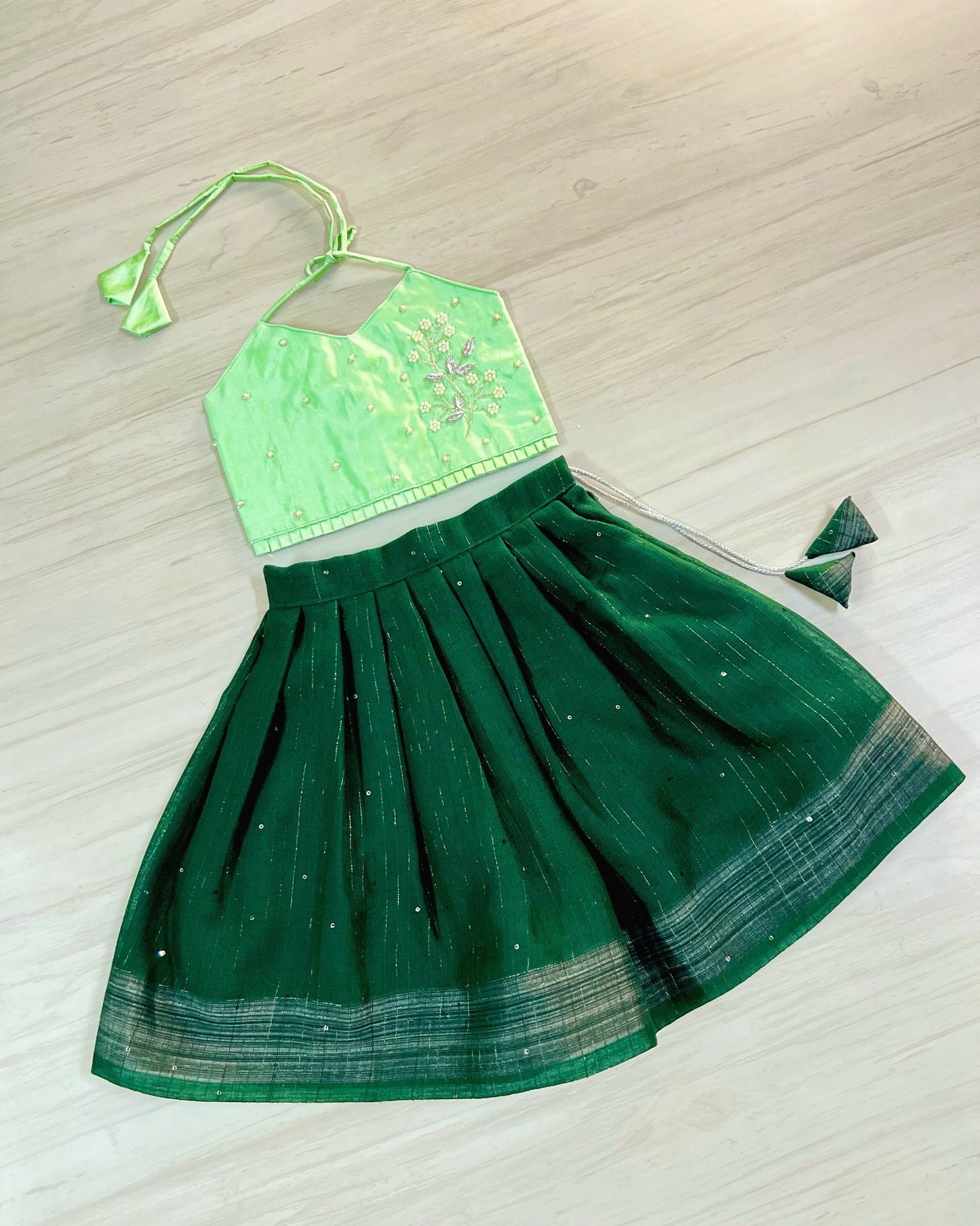 Mint Green With Dark Green Floral Twig Aari Work Lehenga Set