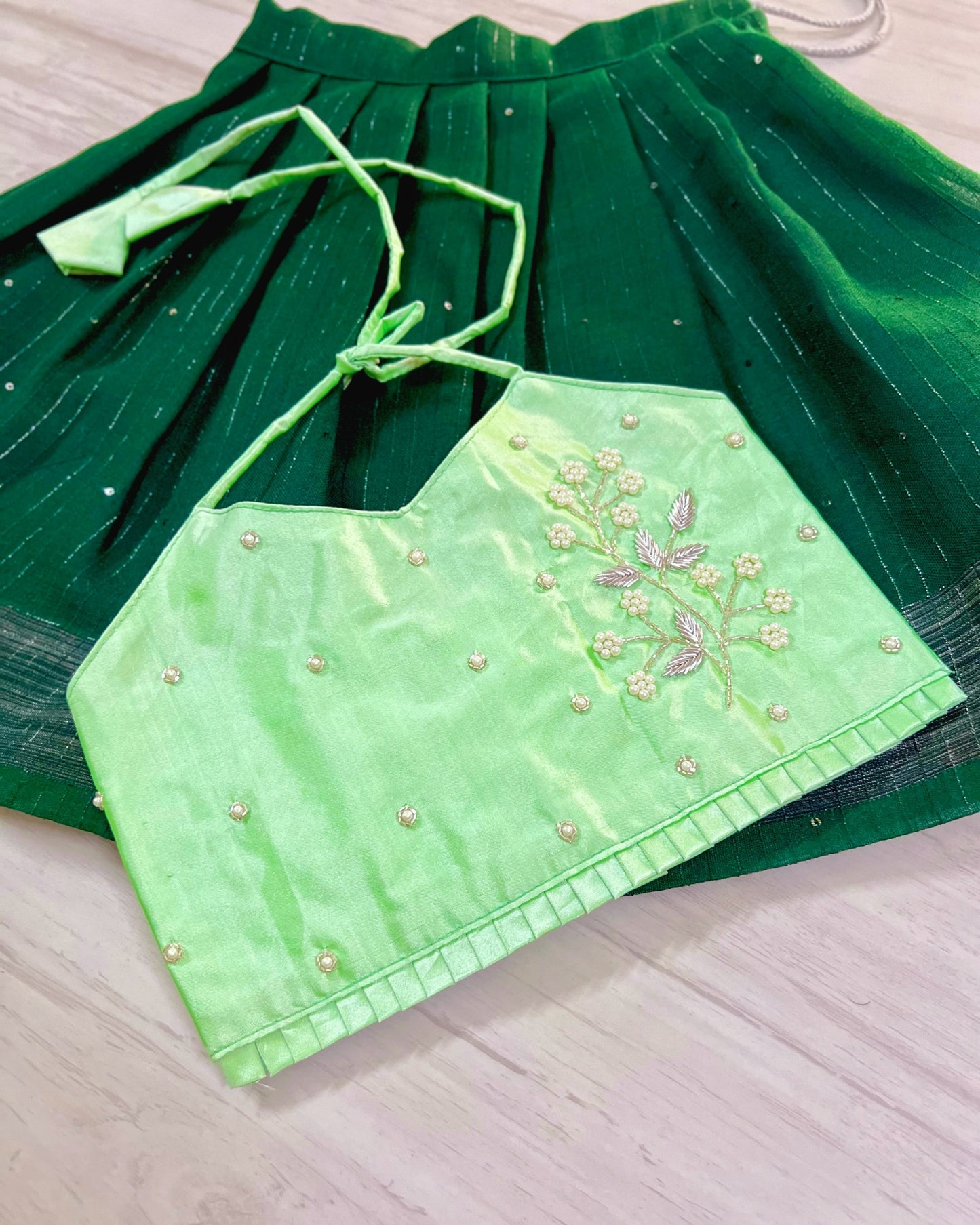 Mint Green With Dark Green Floral Twig Aari Work Lehenga Set