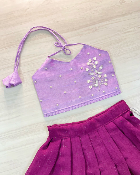 Lovely Lilac With Purple Floral Twig Aari Work Lehenga Set