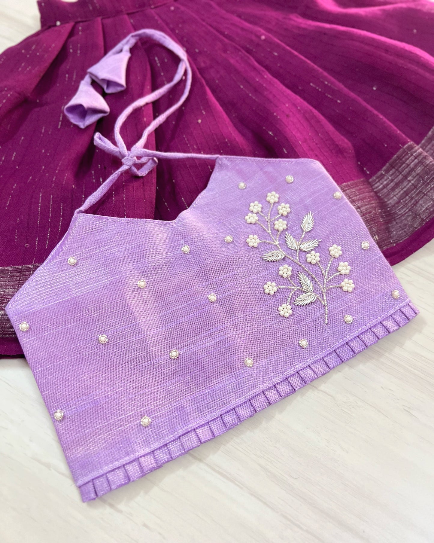 Lovely Lilac With Purple Floral Twig Aari Work Lehenga Set