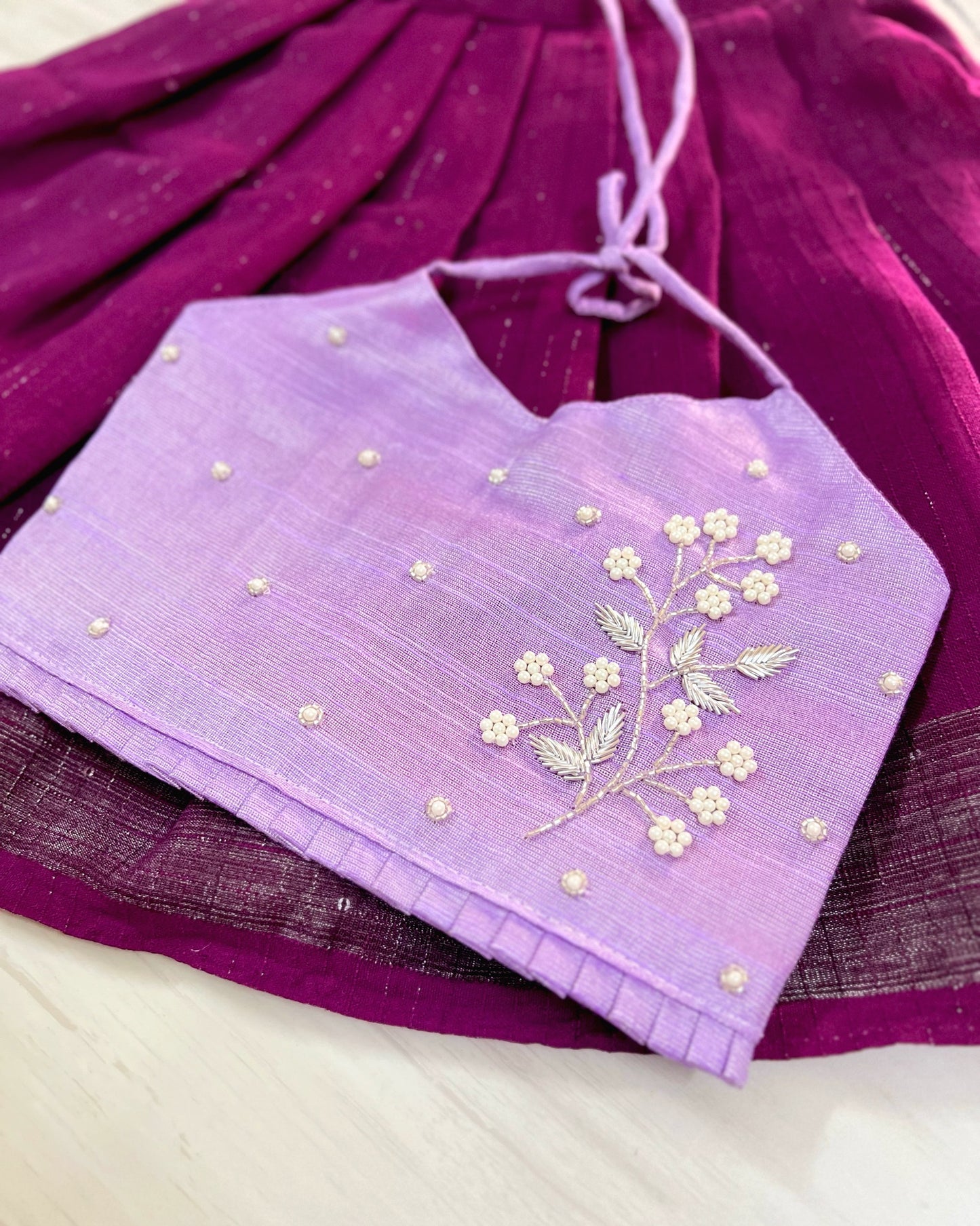 Lovely Lilac With Purple Floral Twig Aari Work Lehenga Set