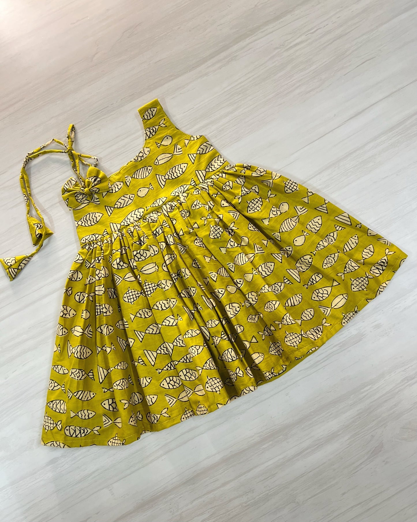 Olive Yellow One Side Tie Up Cotton Frock