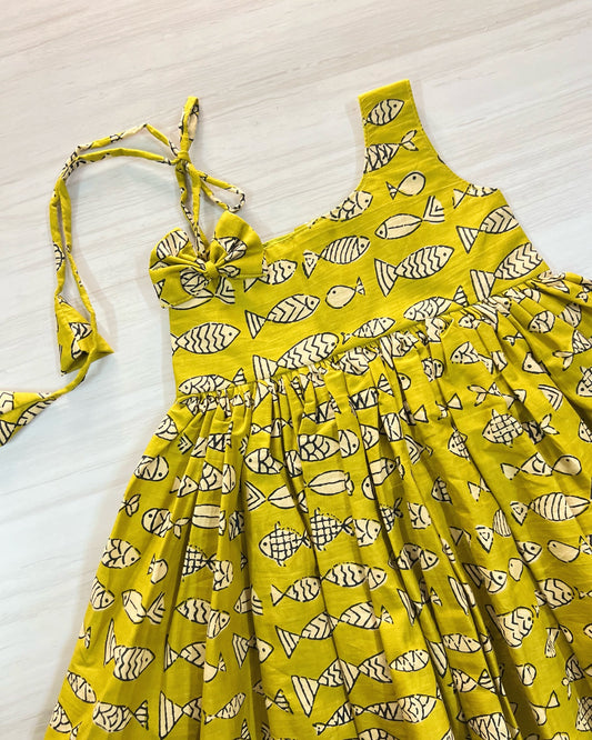Olive Yellow One Side Tie Up Cotton Frock