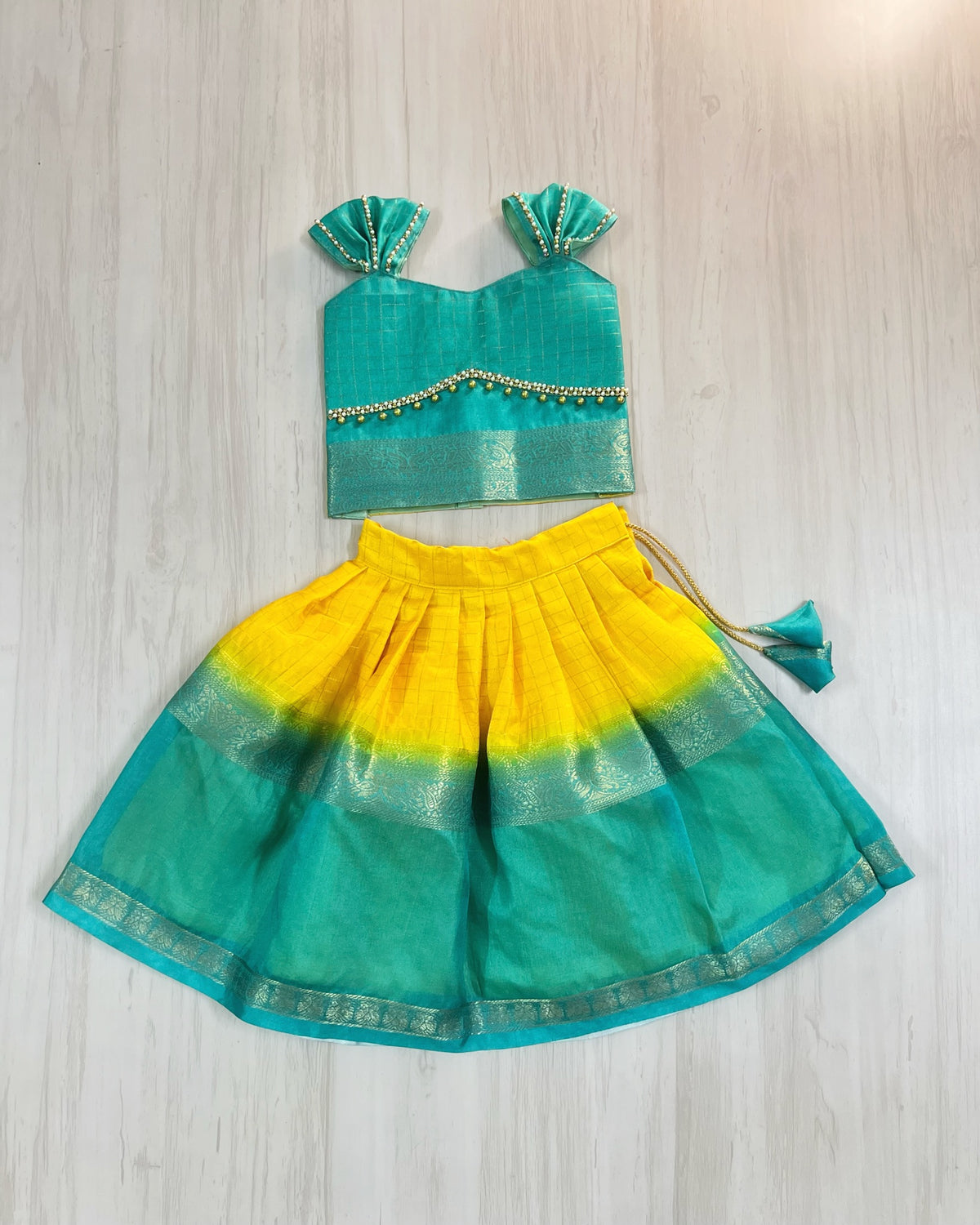 Vibrant Yellow And Turquoise Double Border Traditional Lehenga Set