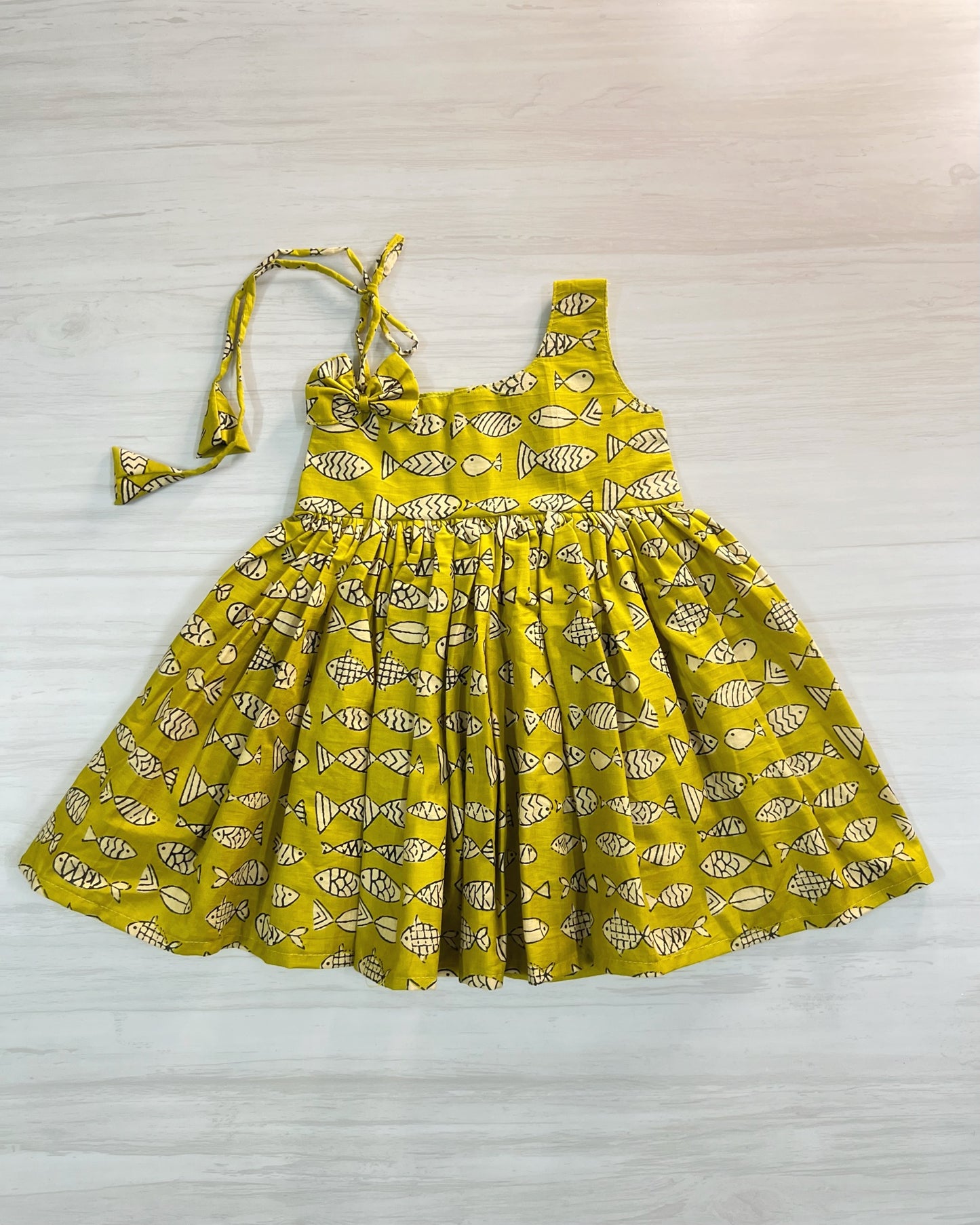 Olive Yellow One Side Tie Up Cotton Frock