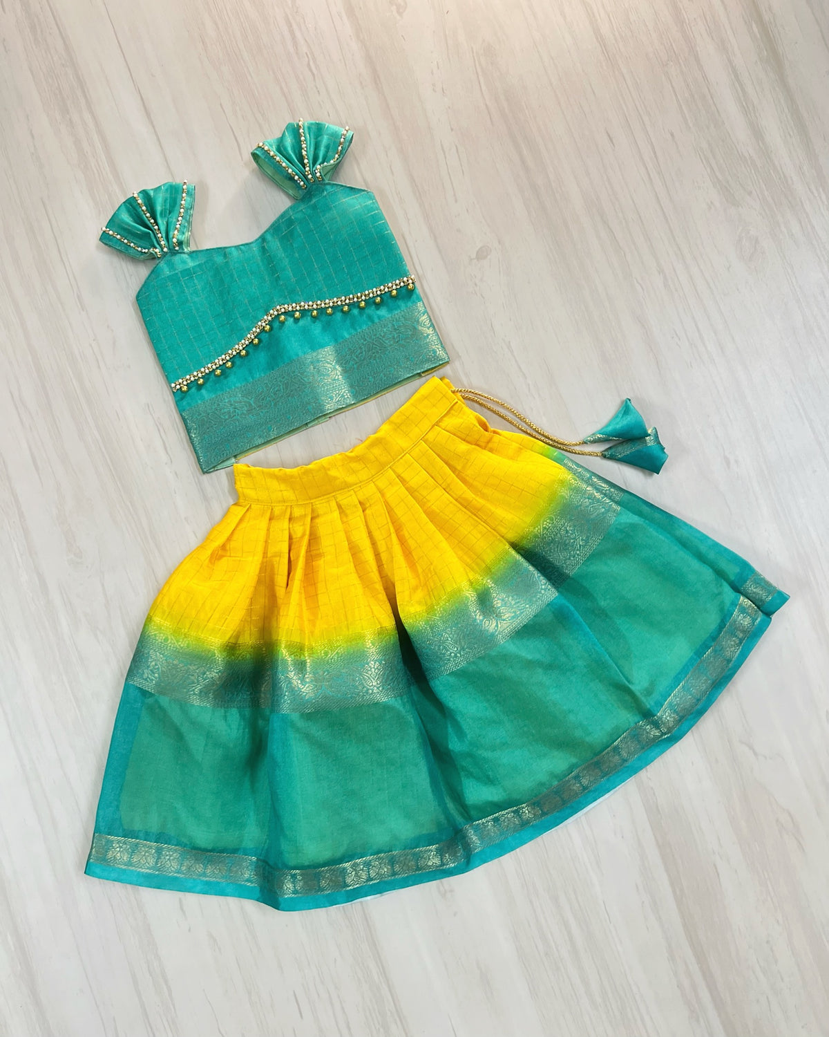 Vibrant Yellow And Turquoise Double Border Traditional Lehenga Set