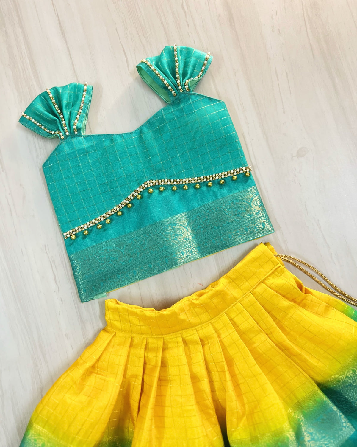 Vibrant Yellow And Turquoise Double Border Traditional Lehenga Set