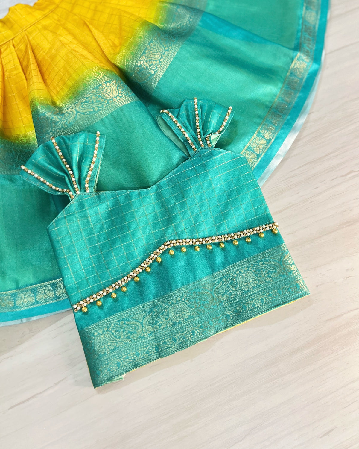 Vibrant Yellow And Turquoise Double Border Traditional Lehenga Set