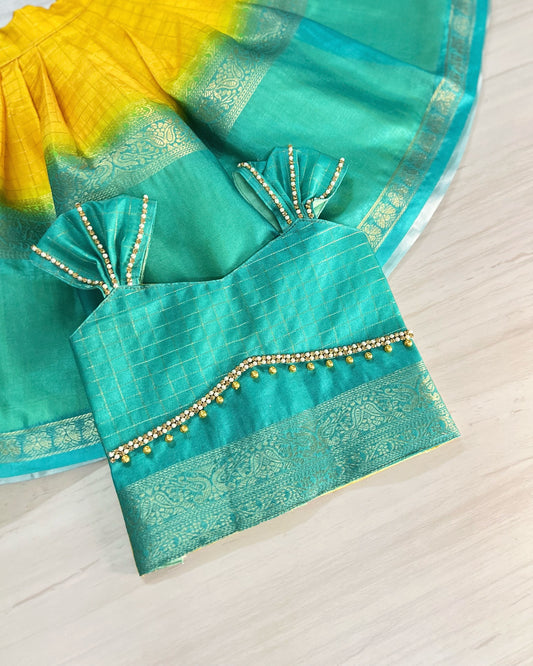 Vibrant Yellow And Turquoise Double Border Traditional Lehenga Set