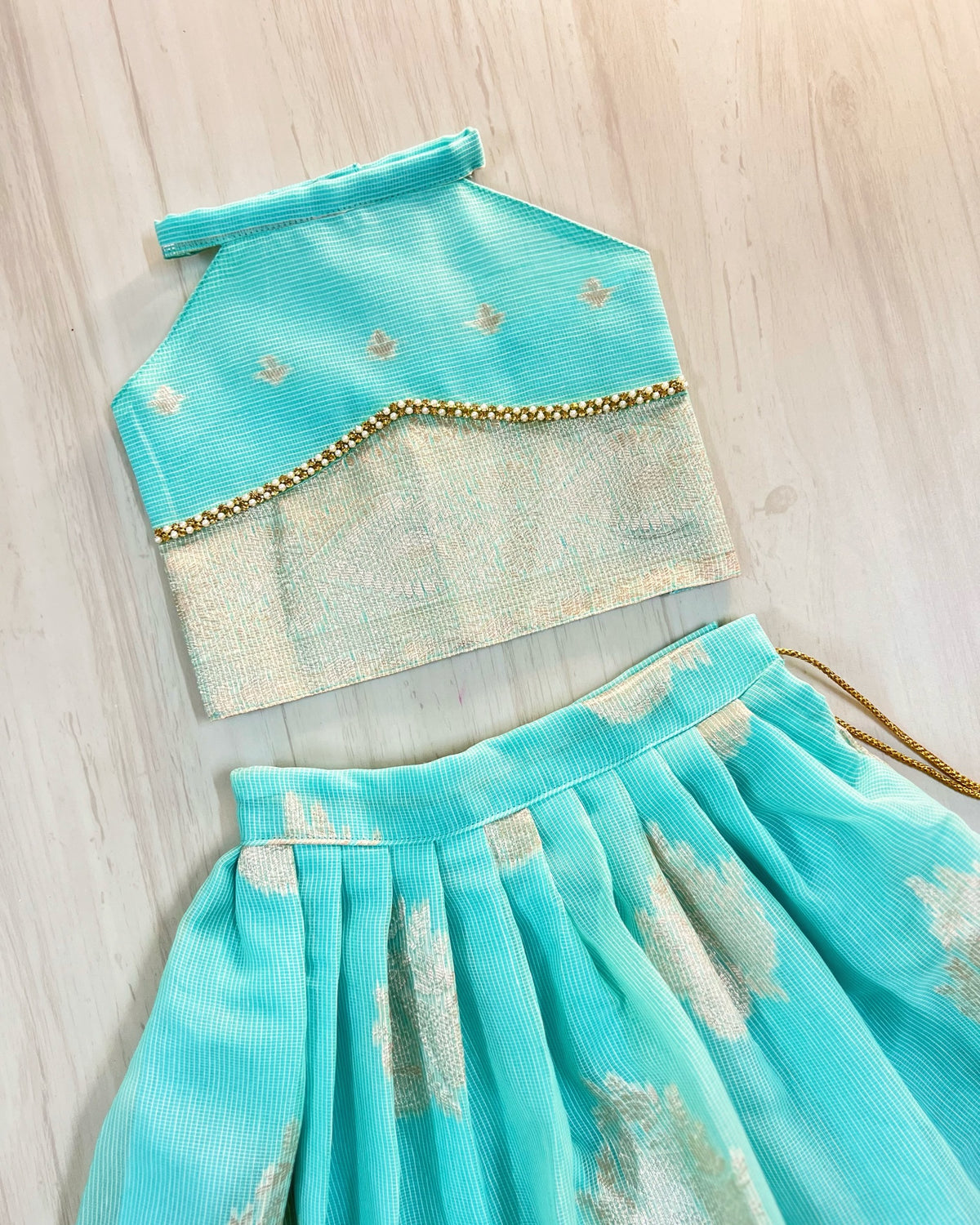 Sky Blue Daisy Embellished Halter Neck Lehenga Set