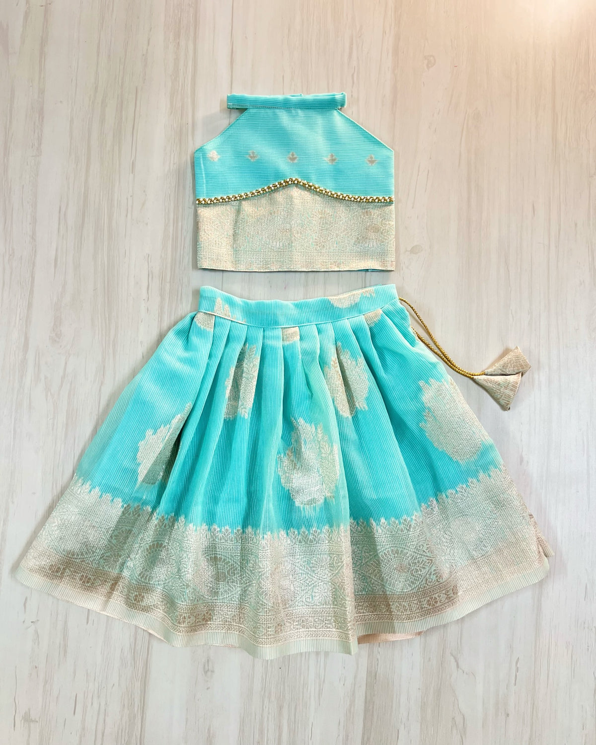 Sky Blue Daisy Embellished Halter Neck Lehenga Set