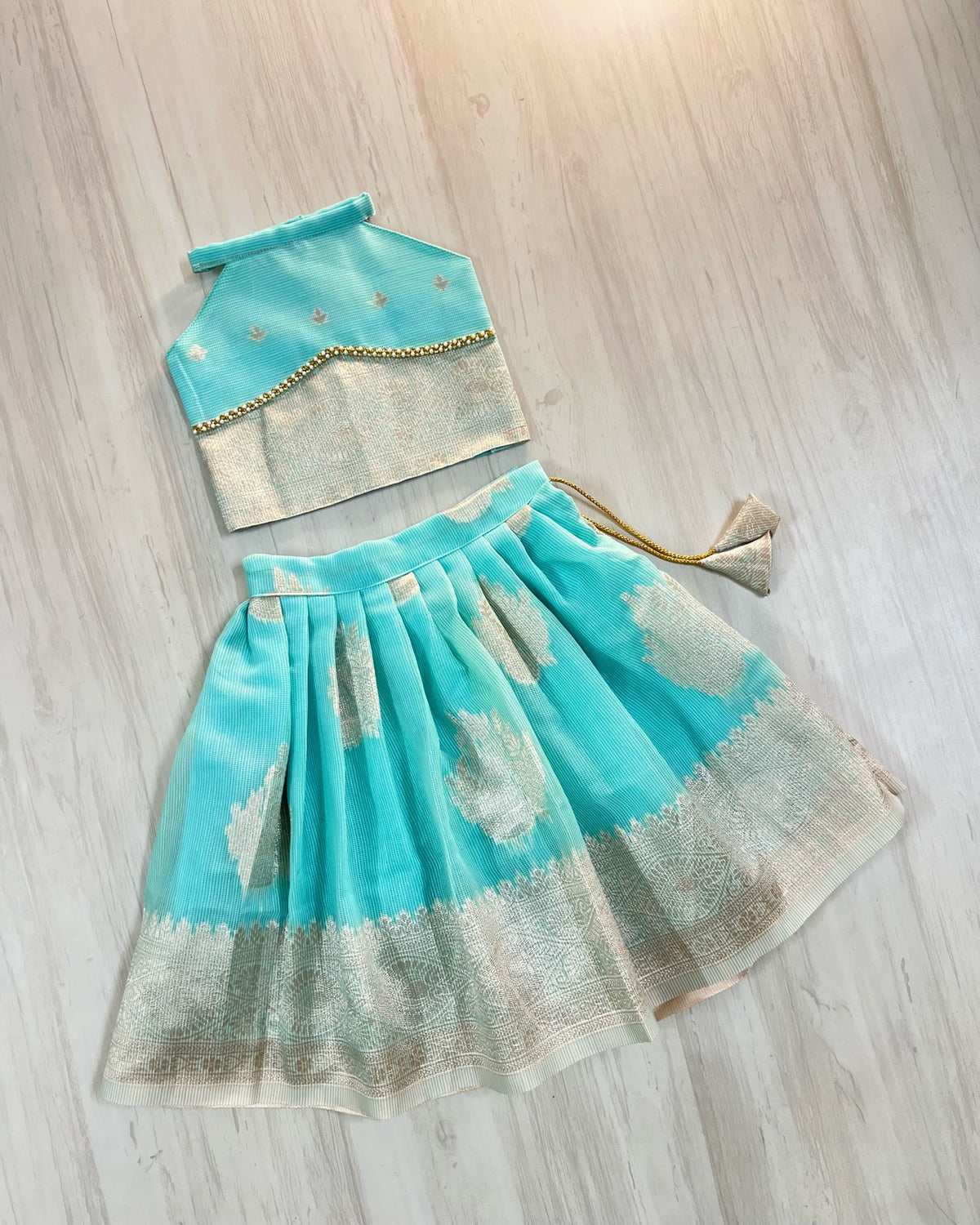 Sky Blue Daisy Embellished Halter Neck Lehenga Set