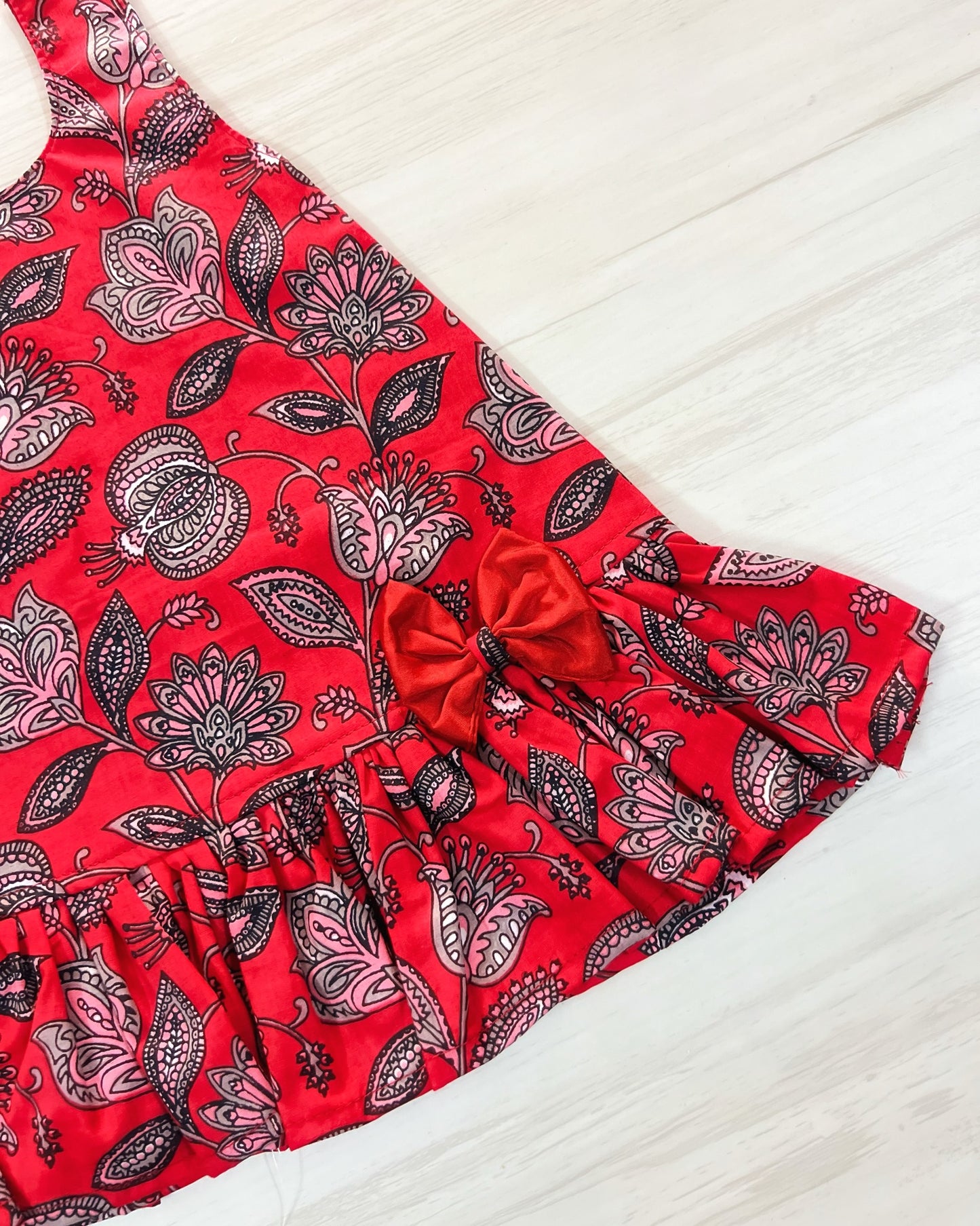 Crimson Red One-Bow Cutie Cotton Frock