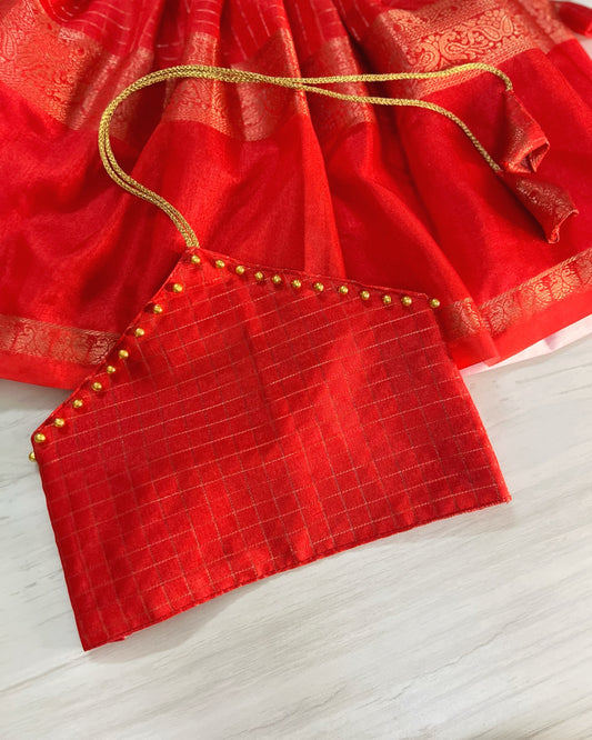 Chili Red Halter Neck Golden Pearls Silk Lehenga Set