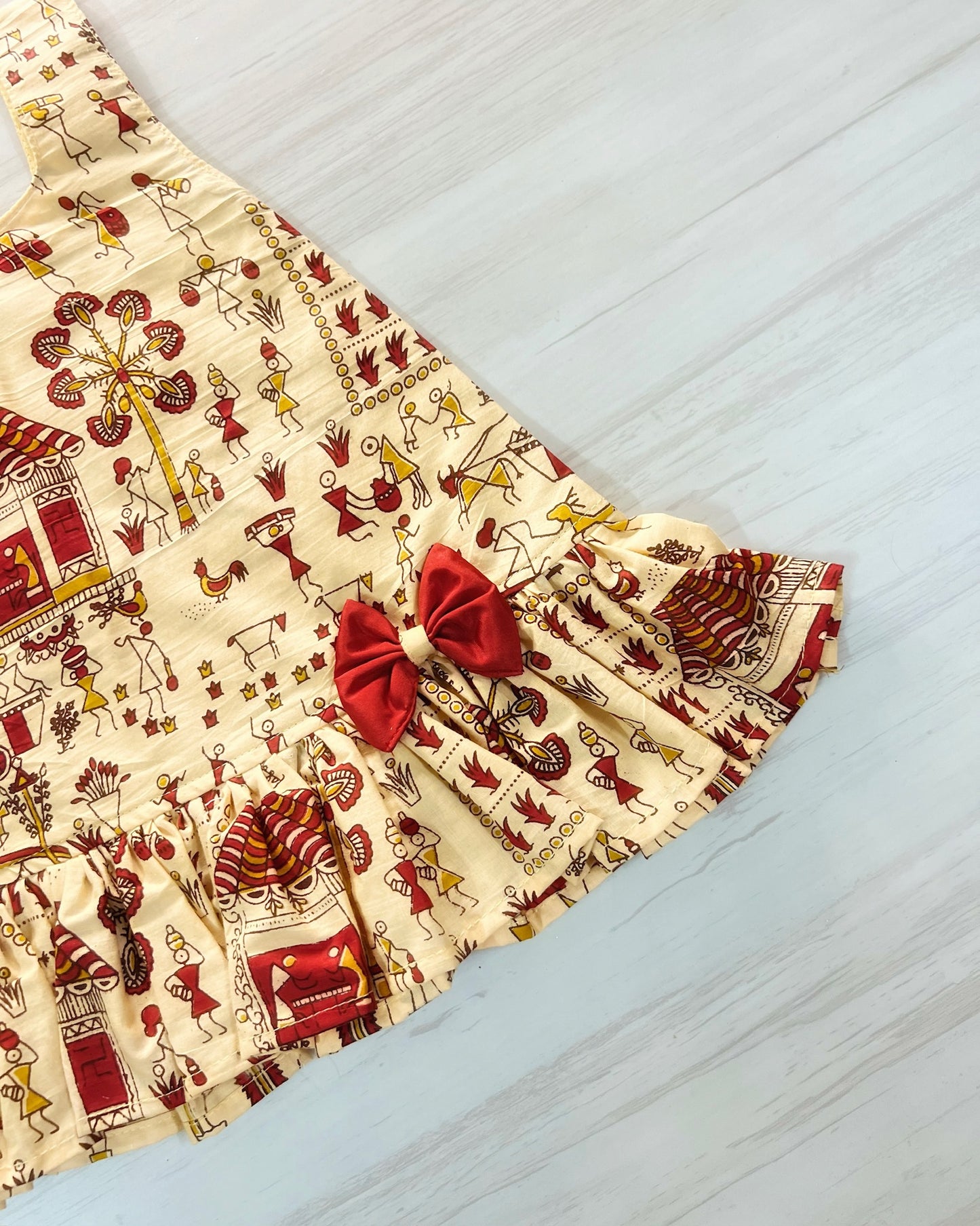 Subtle Beige Tribal Print One-Bow Cutie Cotton Frock