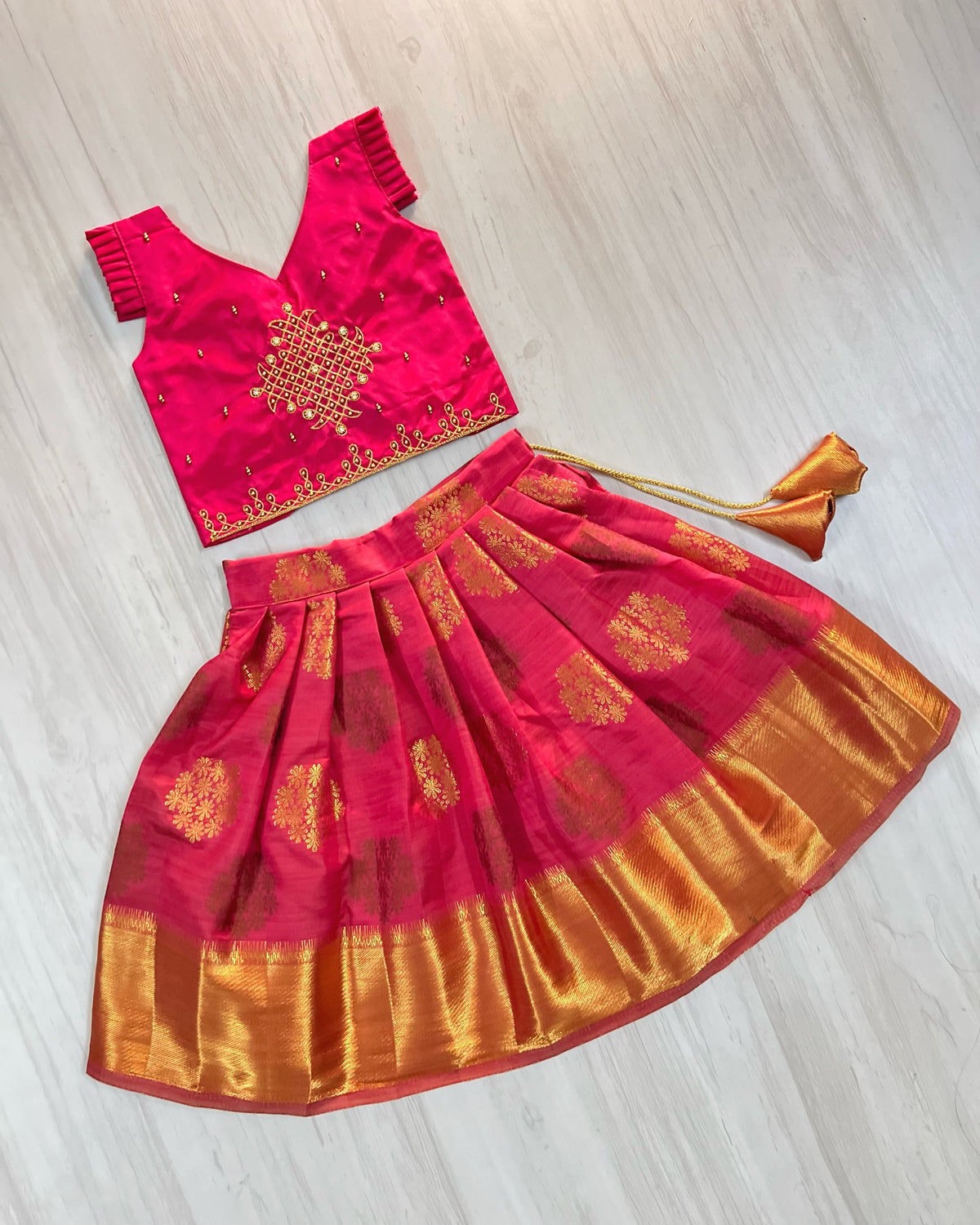 Velvety Magenta Temple Kolam Aari Work Traditional Lehenga Set