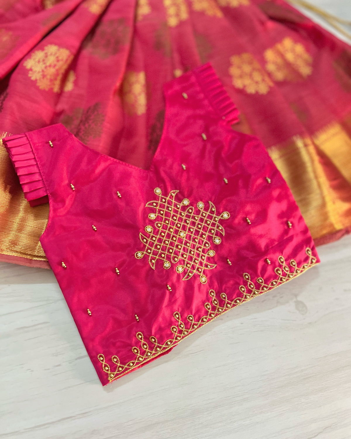 Velvety Magenta Temple Kolam Aari Work Traditional Lehenga Set