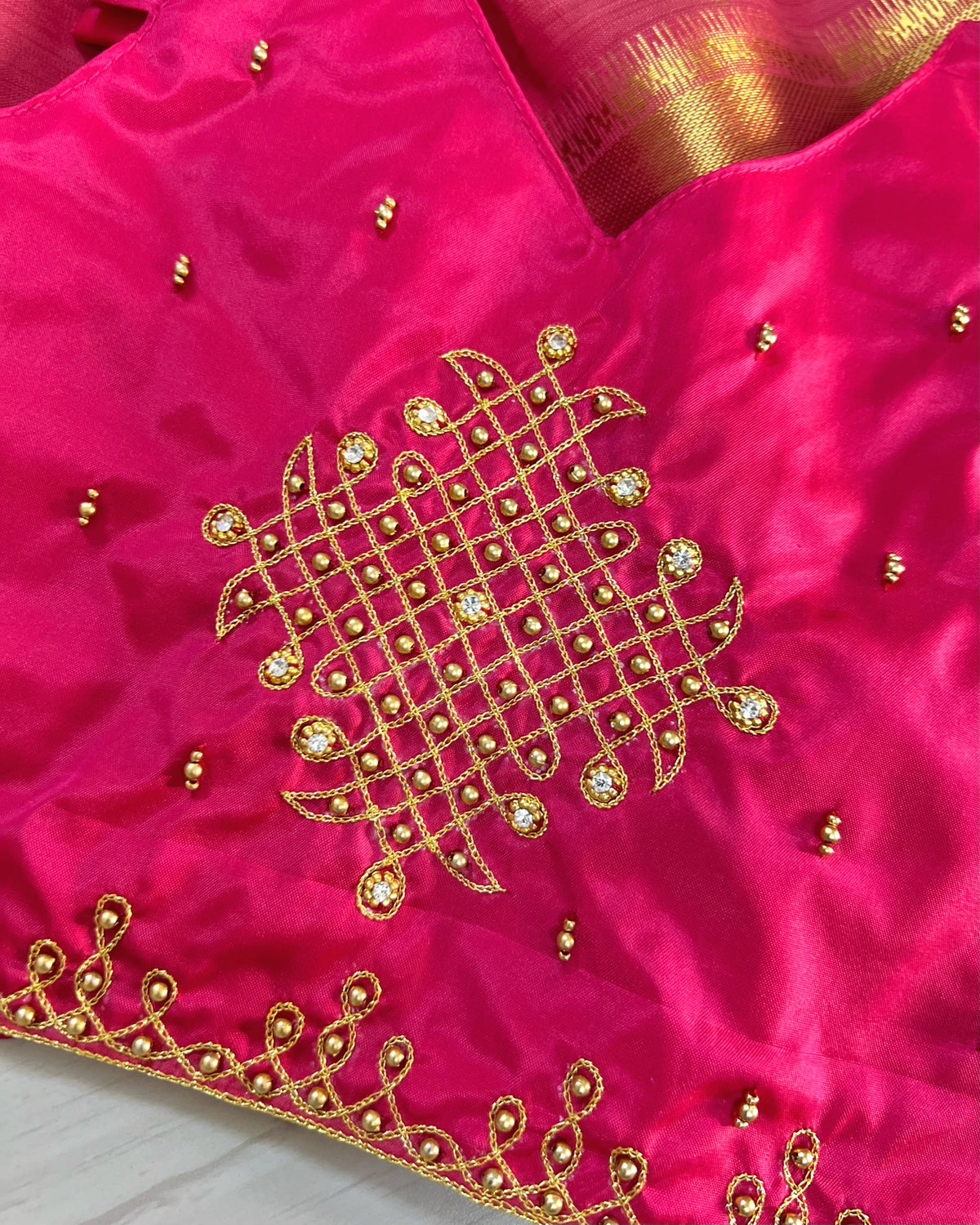 Velvety Magenta Temple Kolam Aari Work Traditional Lehenga Set