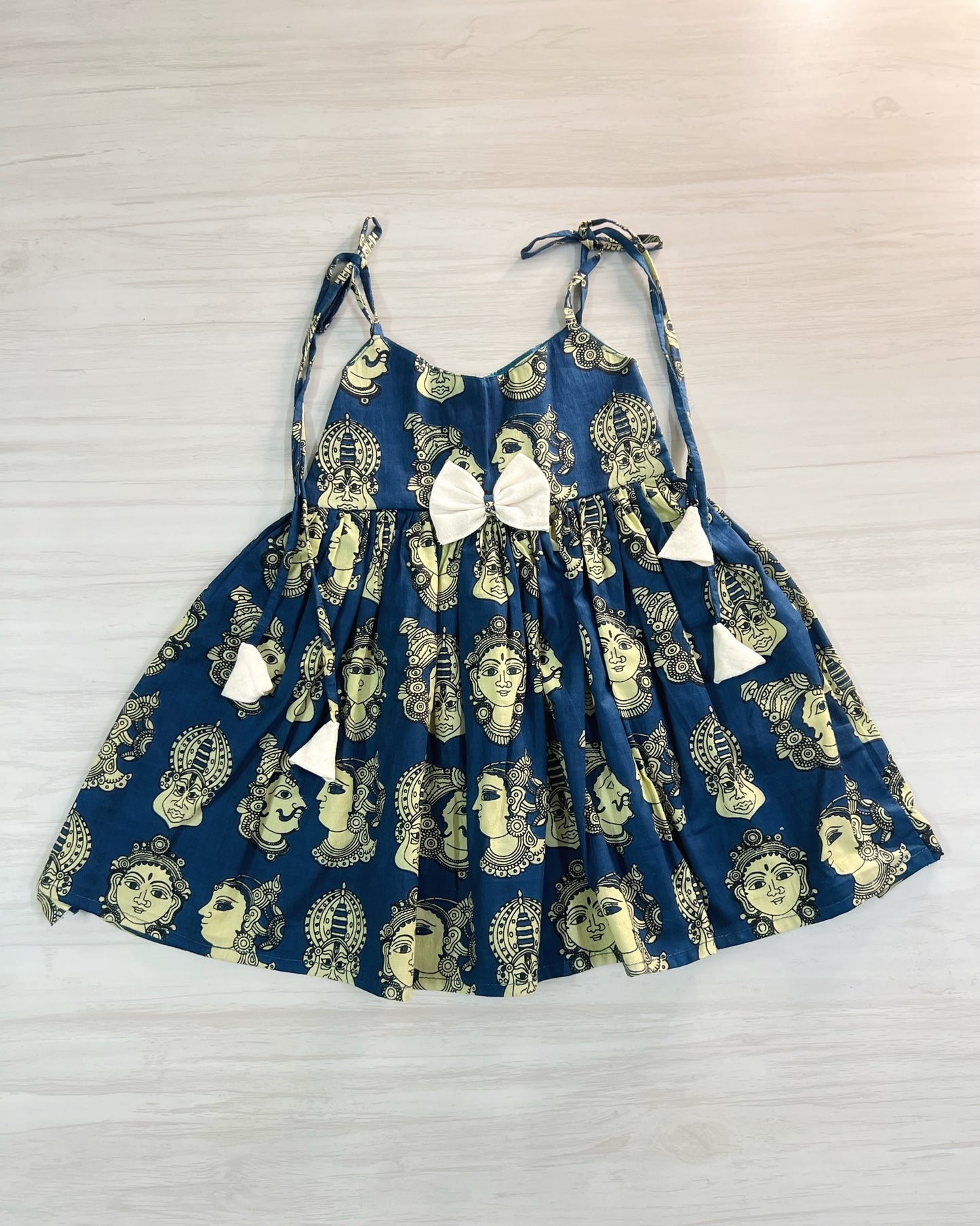 Intense Indigo Kalamkari Print Tie-Up Cotton Frock