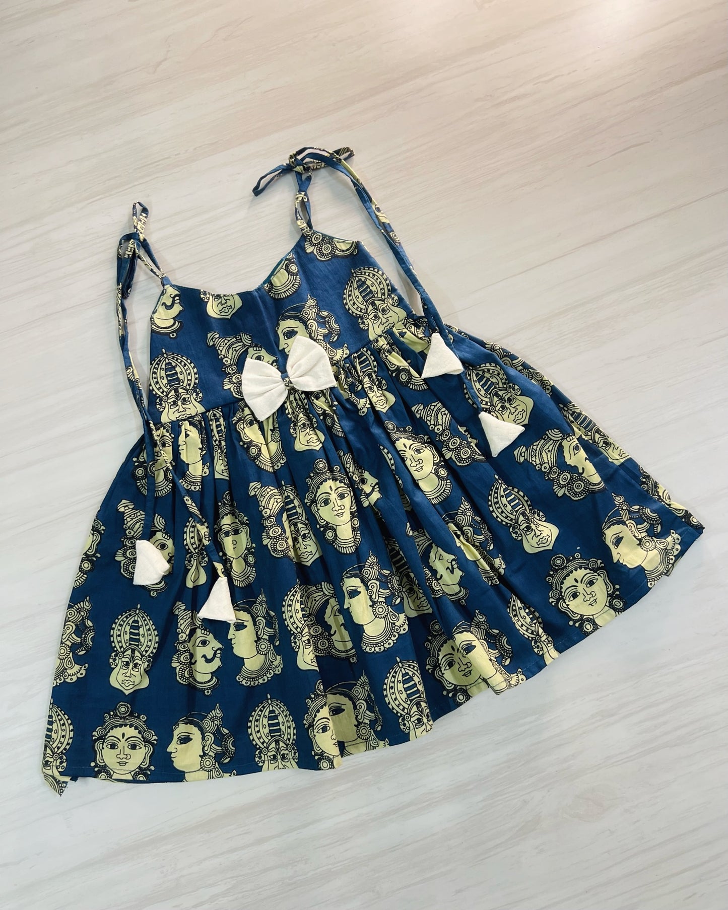 Intense Indigo Kalamkari Print Tie-Up Cotton Frock