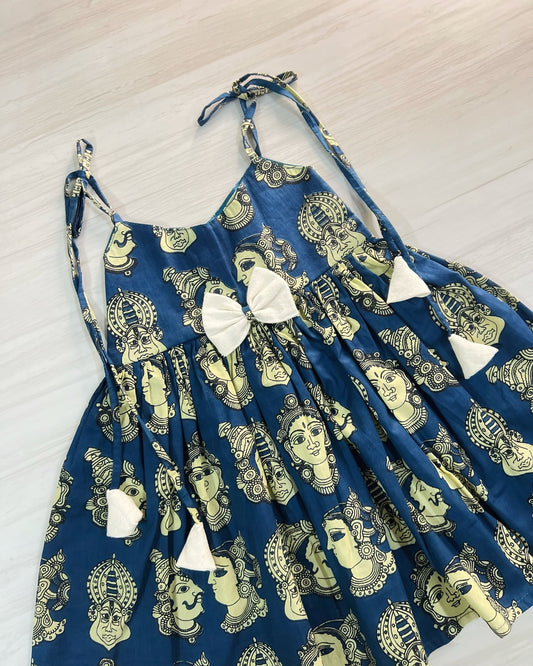Intense Indigo Kalamkari Print Tie-Up Cotton Frock