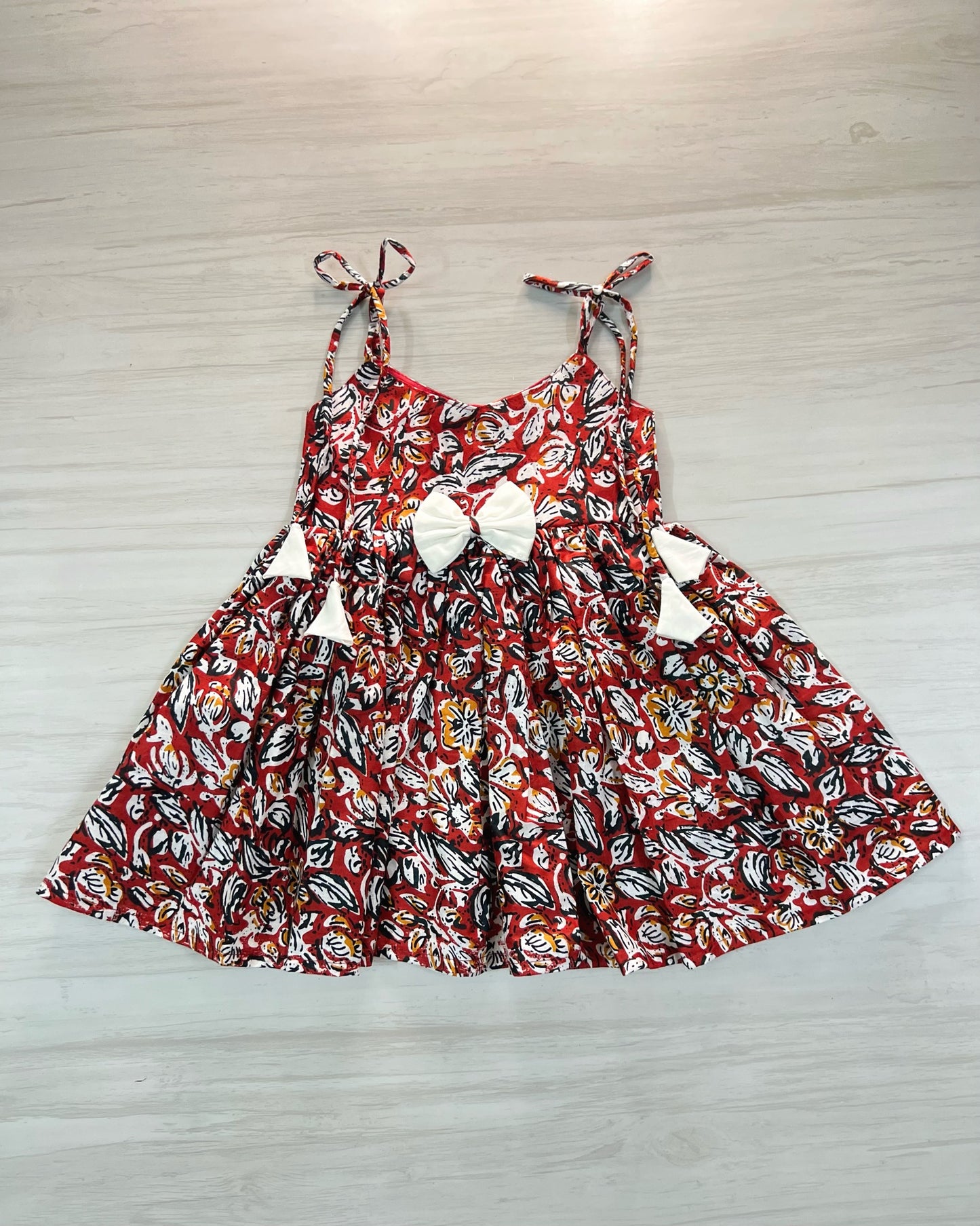 Autumn Red Leafy Print Tie-Up Cotton Frock