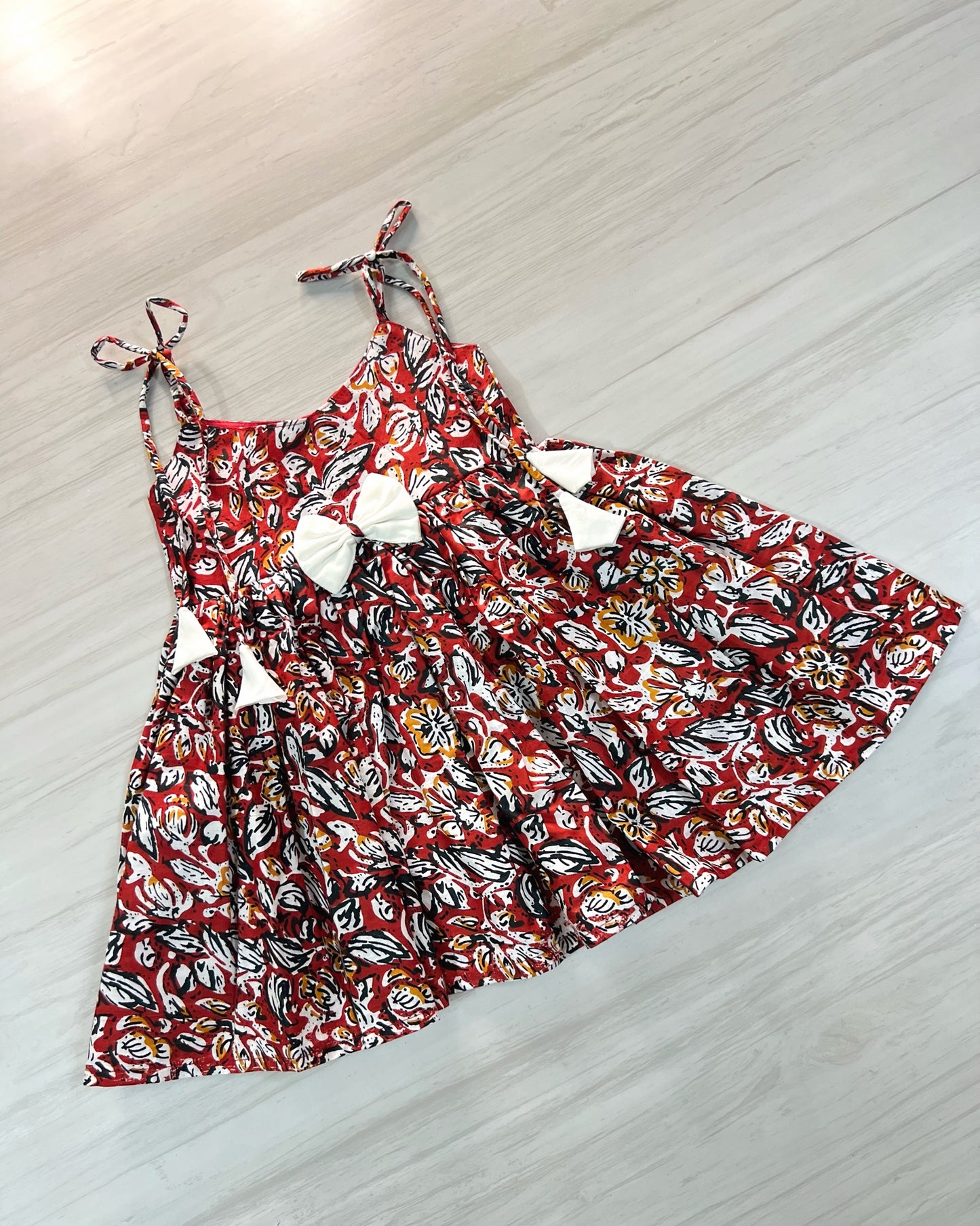 Autumn Red Leafy Print Tie-Up Cotton Frock