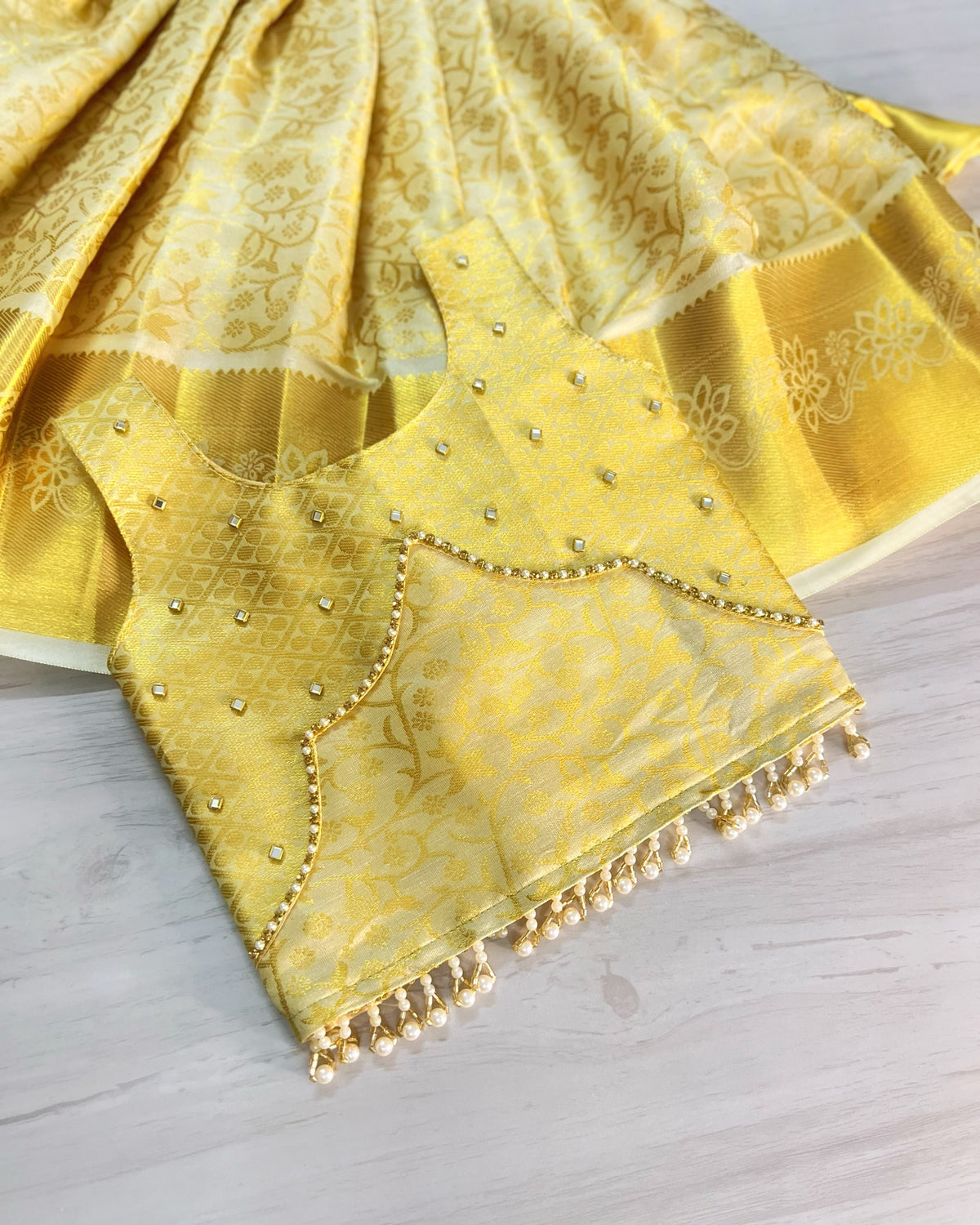 Arabian Royalty Golden Scalloped Hanging Pearls Lehenga Set