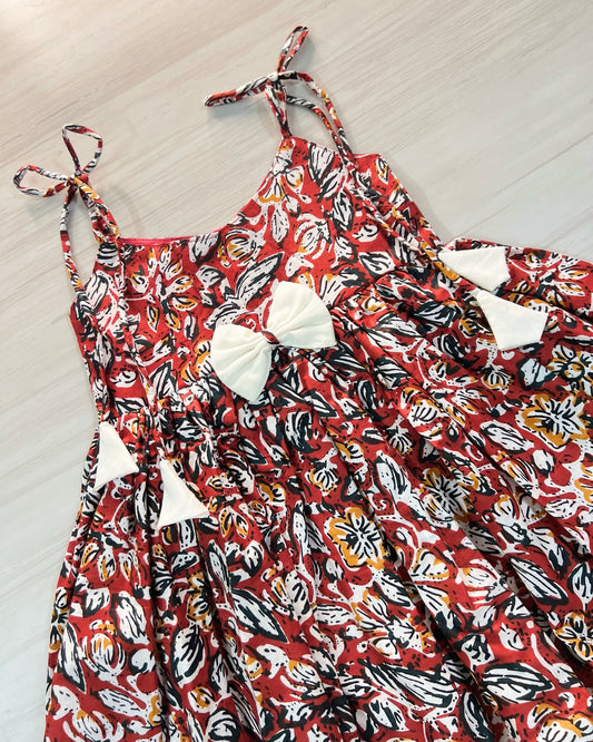 Autumn Red Leafy Print Tie-Up Cotton Frock