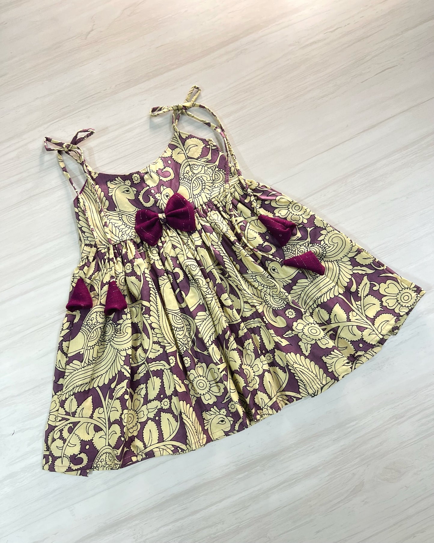 Dusky Purple Kalamkari Print Tie Up Cotton Frock