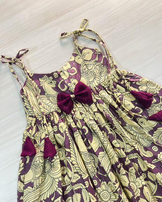 Dusky Purple Kalamkari Print Tie Up Cotton Frock