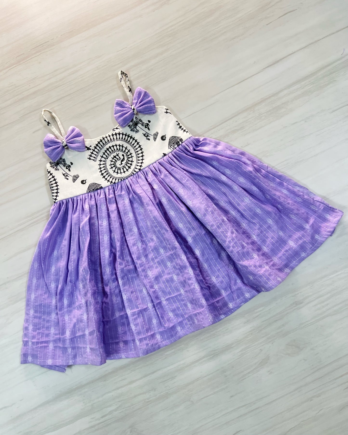 Dainty Lavender And Soft White Double Bow Cotton Frock