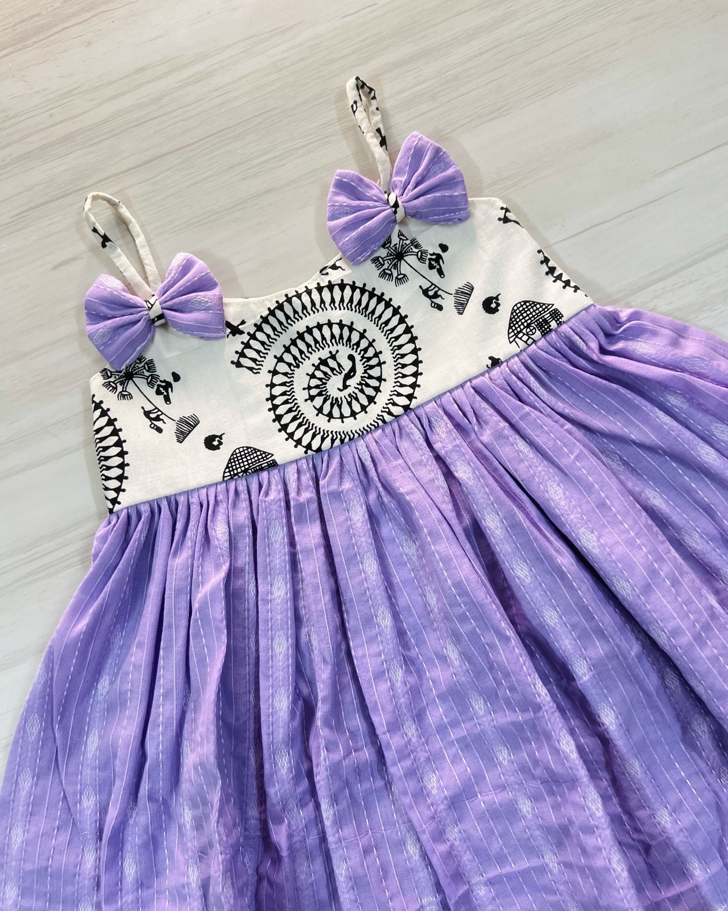 Dainty Lavender And Soft White Double Bow Cotton Frock
