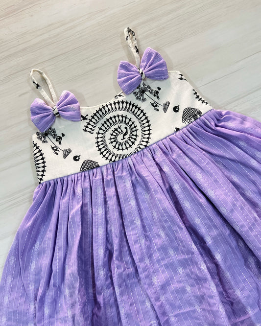 Dainty Lavender And Soft White Double Bow Cotton Frock